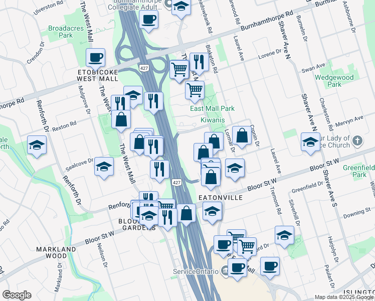 map of restaurants, bars, coffee shops, grocery stores, and more near in Toronto
