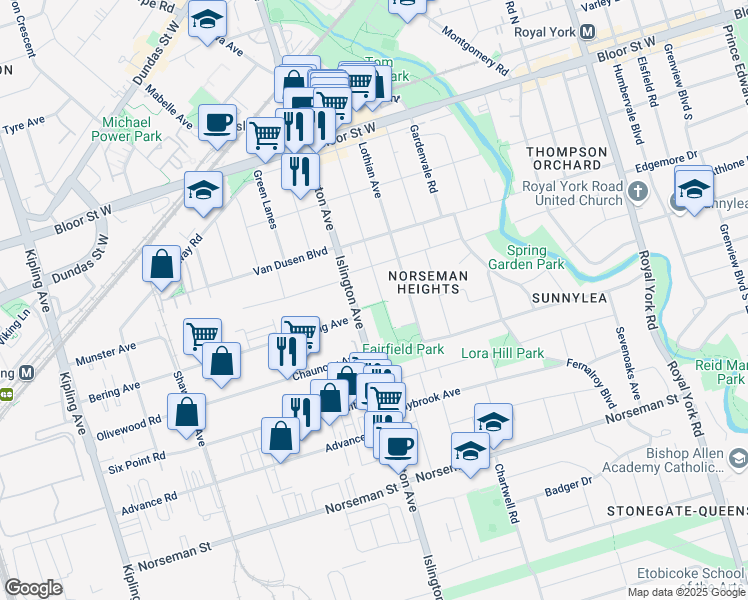 map of restaurants, bars, coffee shops, grocery stores, and more near 68 Monkton Avenue in Toronto