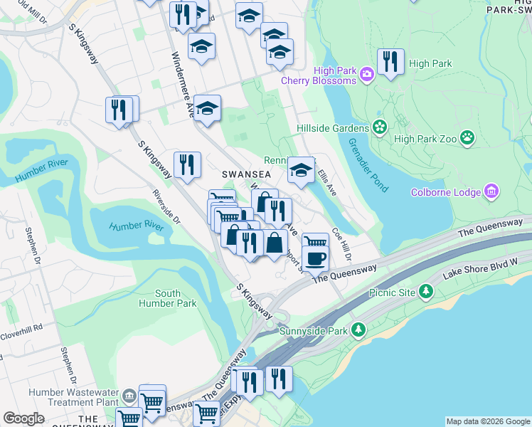 map of restaurants, bars, coffee shops, grocery stores, and more near 65 Southport Street in Toronto