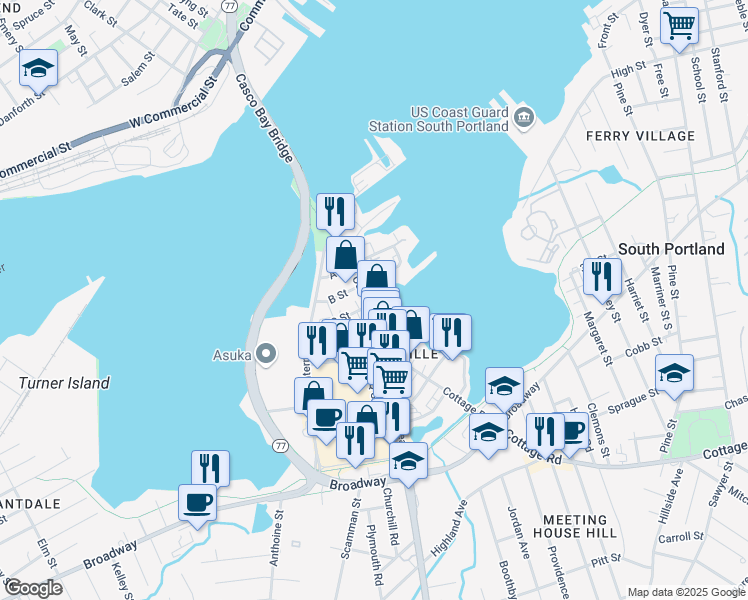 map of restaurants, bars, coffee shops, grocery stores, and more near 40 C Street in South Portland