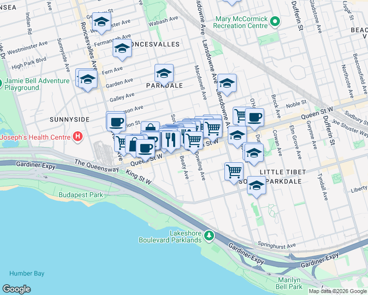 map of restaurants, bars, coffee shops, grocery stores, and more near 1582 Queen Street West in Toronto