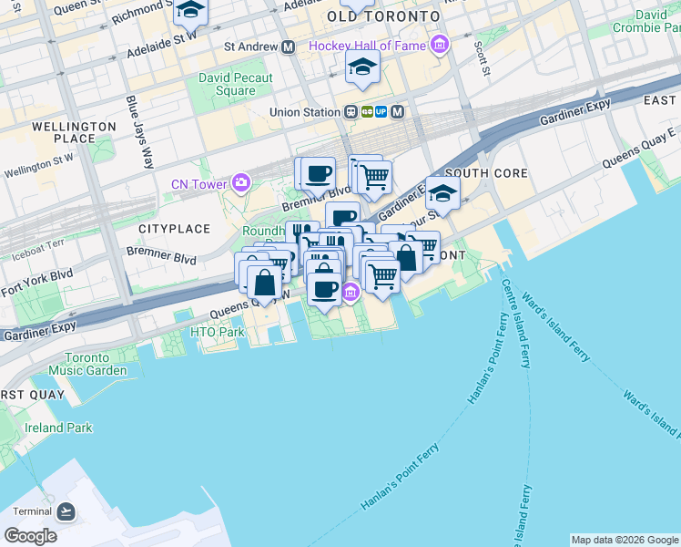 map of restaurants, bars, coffee shops, grocery stores, and more near 218 Queens Quay West in Toronto