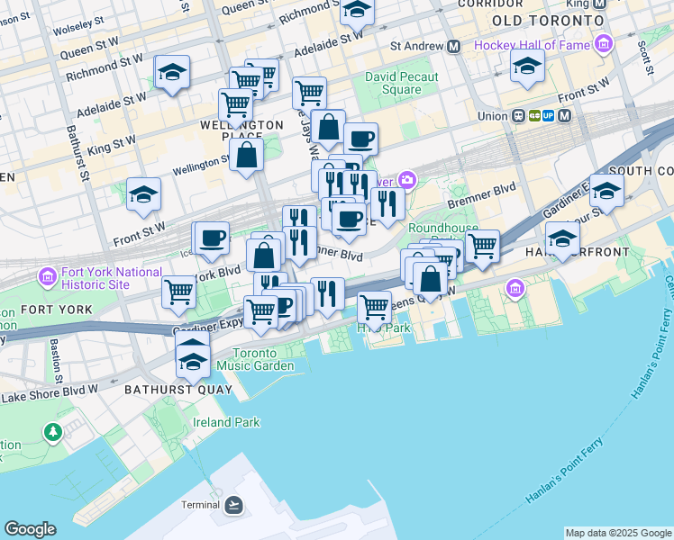 map of restaurants, bars, coffee shops, grocery stores, and more near 5 Mariner Terrace in Toronto