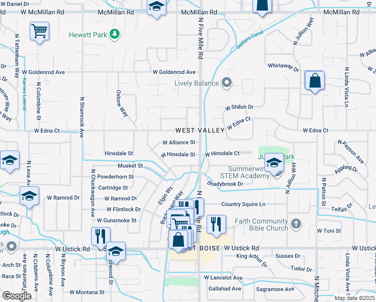 map of restaurants, bars, coffee shops, grocery stores, and more near 10733 West Hinsdale Street in Boise