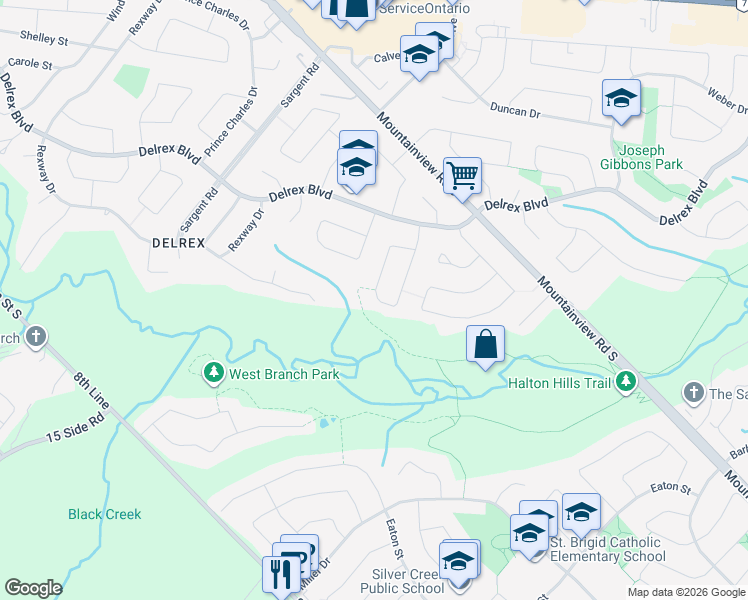 map of restaurants, bars, coffee shops, grocery stores, and more near 49 Dawson Crescent in Halton Hills