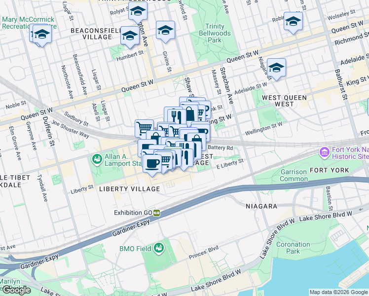 map of restaurants, bars, coffee shops, grocery stores, and more near 125 Western Battery Road in Toronto