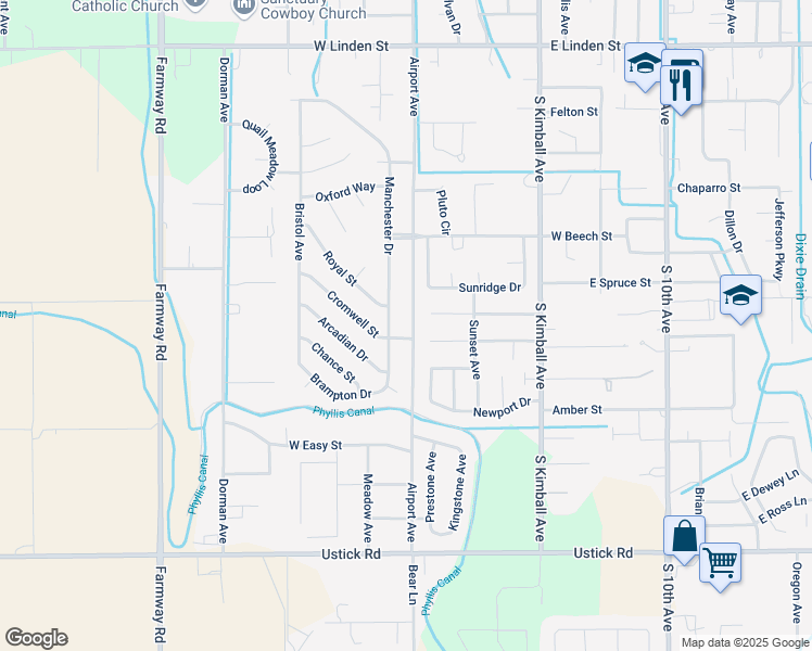 map of restaurants, bars, coffee shops, grocery stores, and more near 323 Hilldrop Street in Caldwell