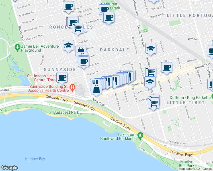 map of restaurants, bars, coffee shops, grocery stores, and more near 55 Triller Avenue in Toronto