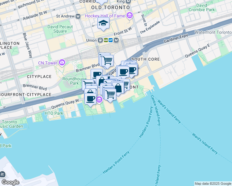 map of restaurants, bars, coffee shops, grocery stores, and more near 109 Queens Quay West in Toronto