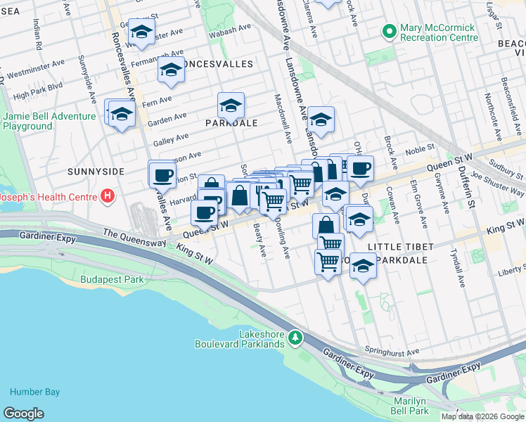 map of restaurants, bars, coffee shops, grocery stores, and more near 1576 Queen Street West in Toronto