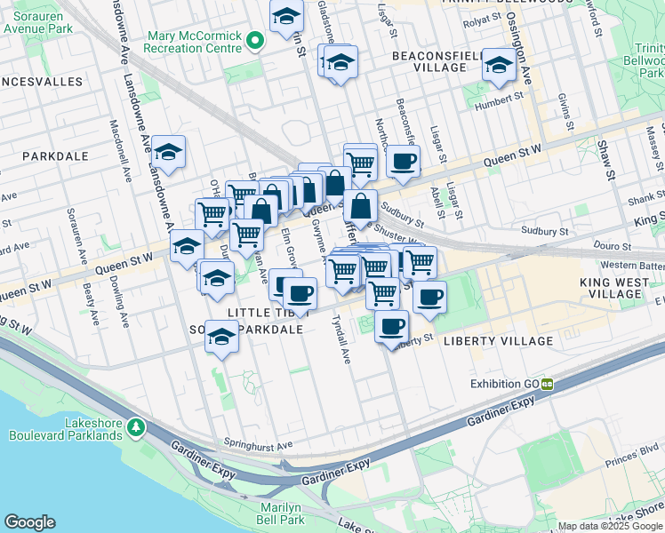map of restaurants, bars, coffee shops, grocery stores, and more near 37 Gwynne Avenue in Toronto