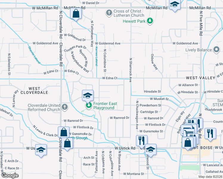 map of restaurants, bars, coffee shops, grocery stores, and more near 3829 North Tumbleweed Place in Boise