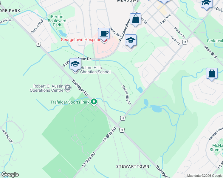map of restaurants, bars, coffee shops, grocery stores, and more near 11509 Trafalgar Road in Halton Hills