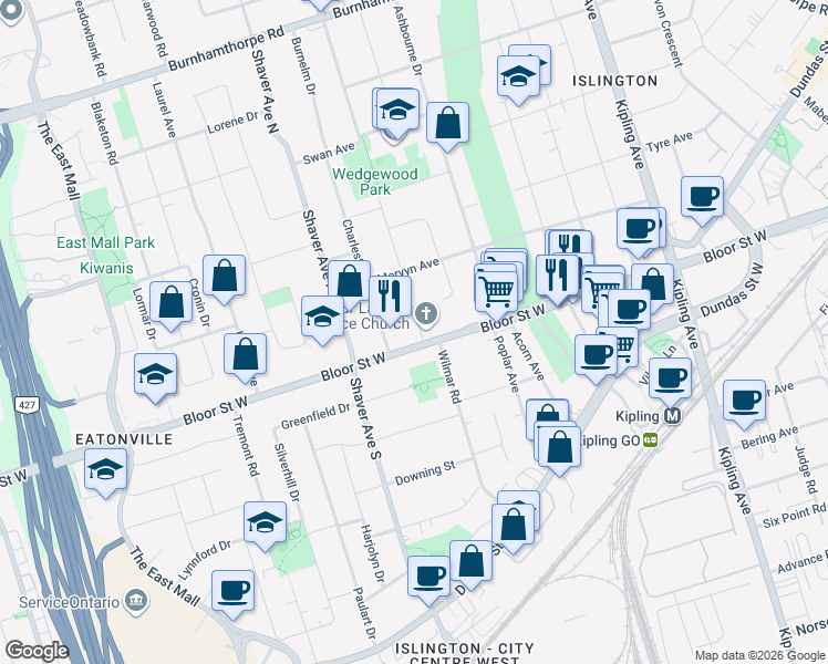 map of restaurants, bars, coffee shops, grocery stores, and more near 3919 Bloor Street West in Toronto