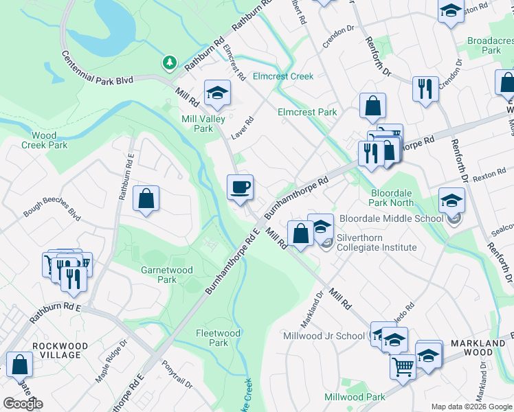 map of restaurants, bars, coffee shops, grocery stores, and more near 335 Mill Road in Toronto
