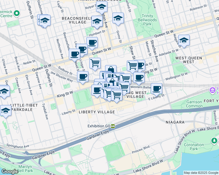 map of restaurants, bars, coffee shops, grocery stores, and more near 75 Hanna Avenue in Toronto
