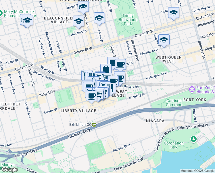 map of restaurants, bars, coffee shops, grocery stores, and more near 125 Western Battery Road in Toronto
