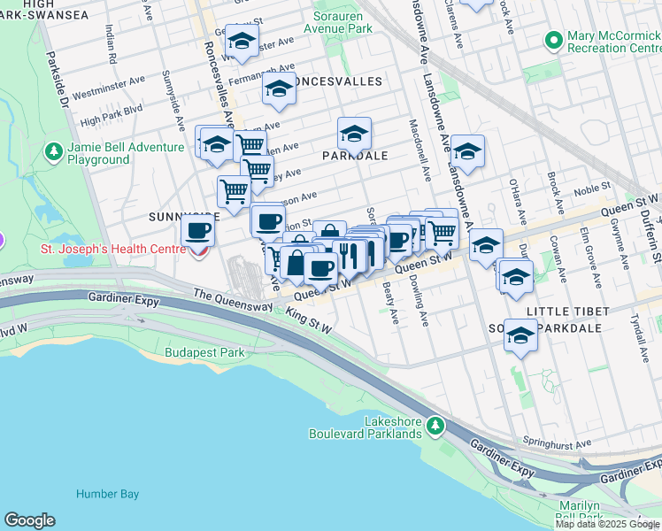 map of restaurants, bars, coffee shops, grocery stores, and more near 55 Triller Avenue in Toronto
