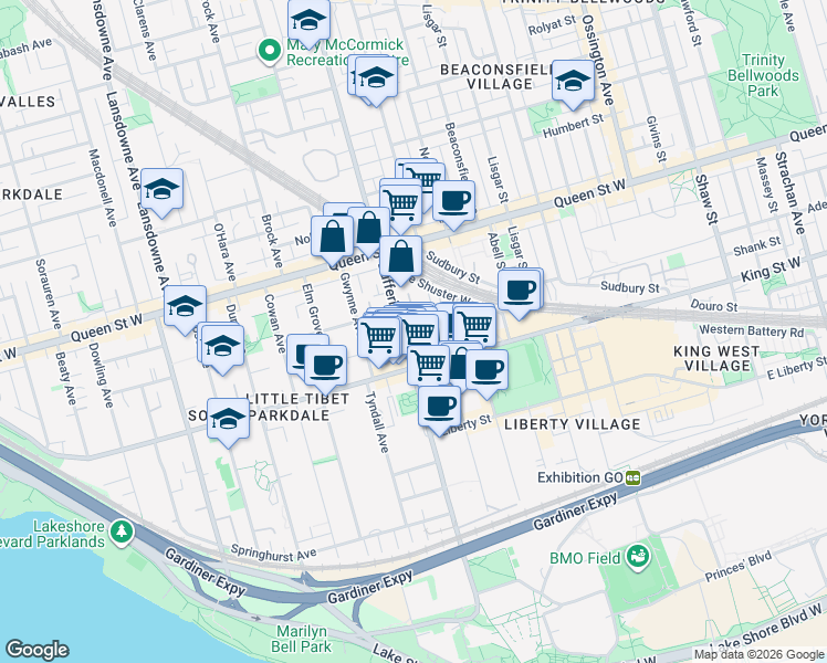 map of restaurants, bars, coffee shops, grocery stores, and more near 295 Dufferin Street in Toronto