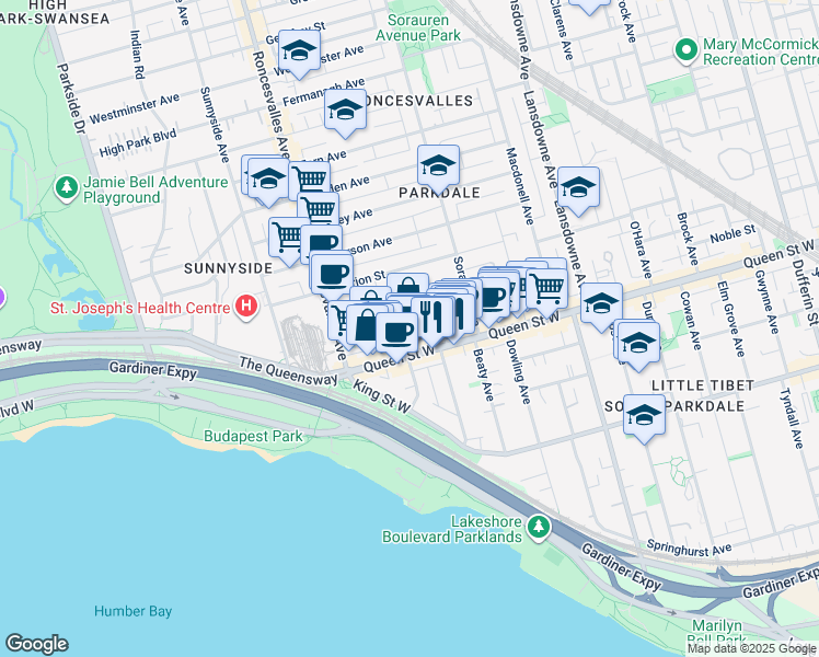 map of restaurants, bars, coffee shops, grocery stores, and more near 55 Triller Avenue in Toronto