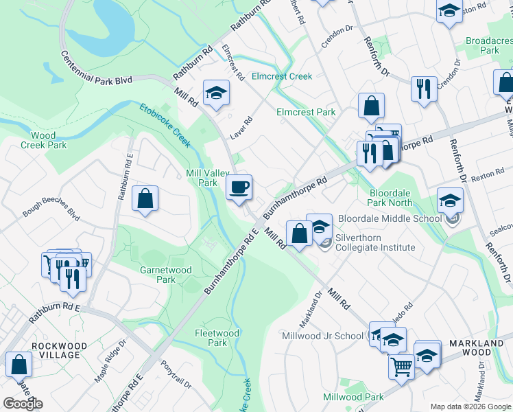 map of restaurants, bars, coffee shops, grocery stores, and more near 335 Mill Road in Toronto