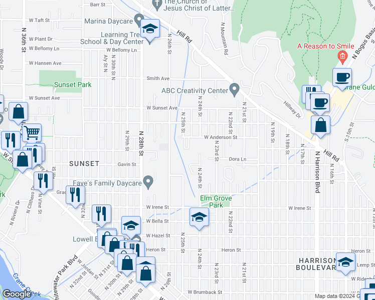 map of restaurants, bars, coffee shops, grocery stores, and more near 2501 West Anderson Street in Boise