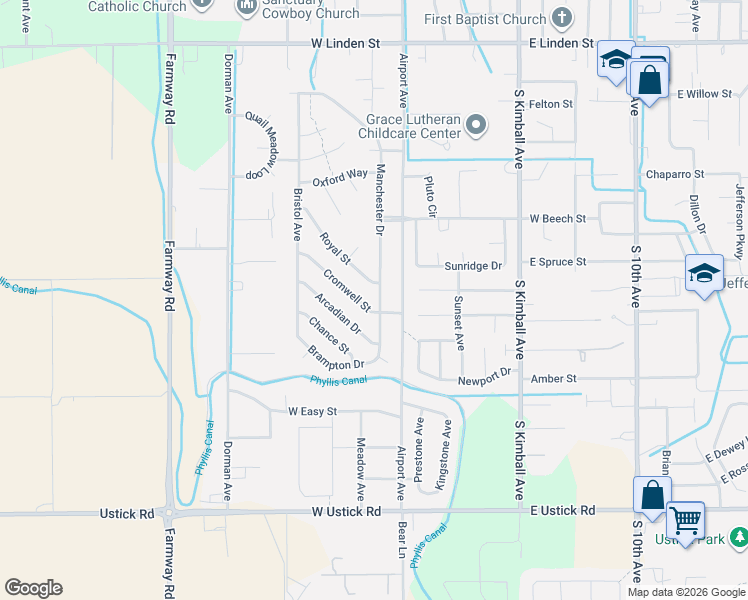 map of restaurants, bars, coffee shops, grocery stores, and more near 3502 Manchester Drive in Caldwell