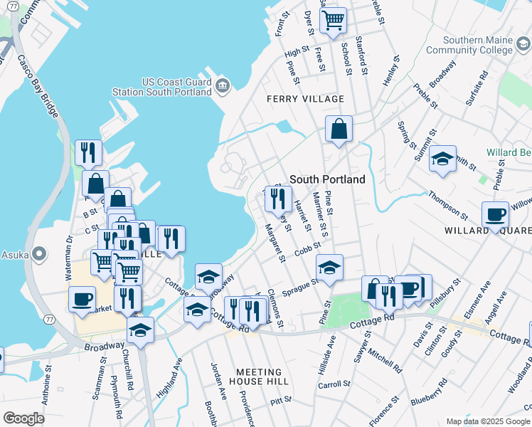 map of restaurants, bars, coffee shops, grocery stores, and more near 113 Margaret Street in South Portland