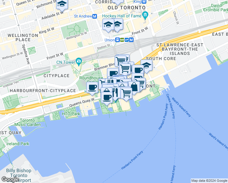 map of restaurants, bars, coffee shops, grocery stores, and more near 208 Queens Quay West in Toronto