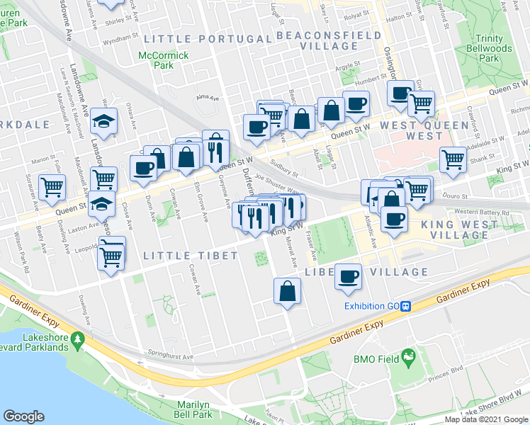 map of restaurants, bars, coffee shops, grocery stores, and more near in Toronto