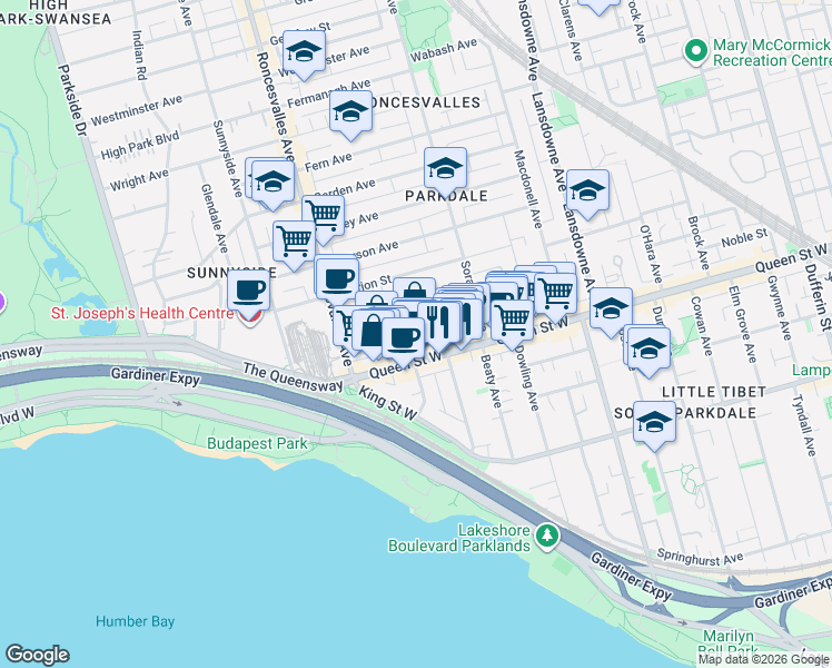 map of restaurants, bars, coffee shops, grocery stores, and more near in Toronto