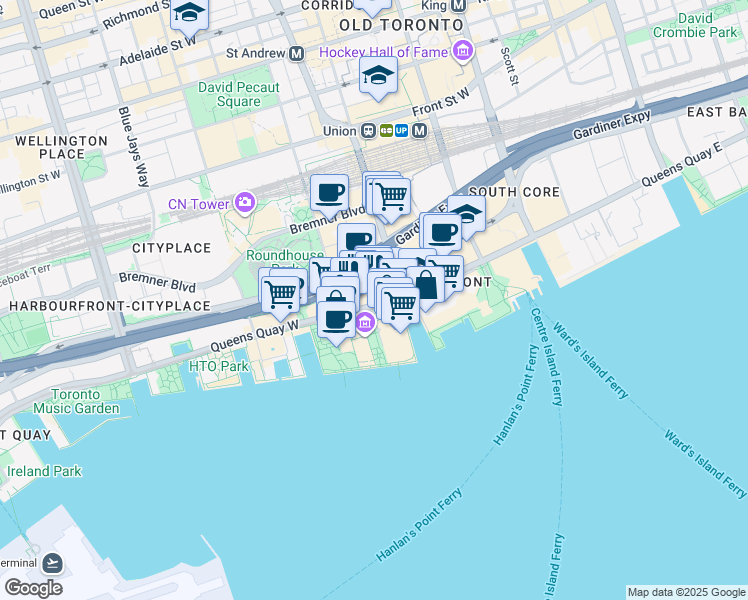 map of restaurants, bars, coffee shops, grocery stores, and more near 208 Queens Quay West in Toronto
