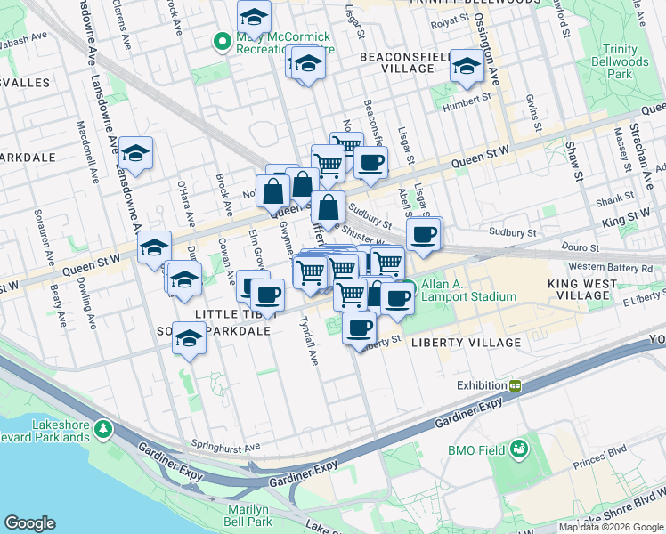 map of restaurants, bars, coffee shops, grocery stores, and more near in Toronto