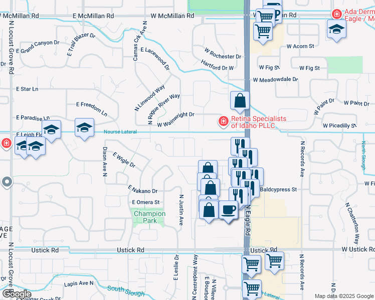 map of restaurants, bars, coffee shops, grocery stores, and more near 3715 North Centrepoint Way in Meridian