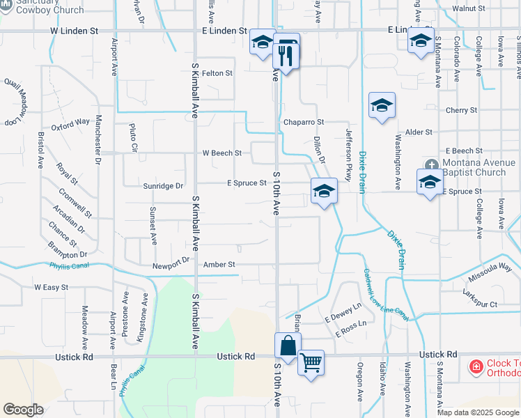 map of restaurants, bars, coffee shops, grocery stores, and more near 3410 South 10th Avenue in Caldwell