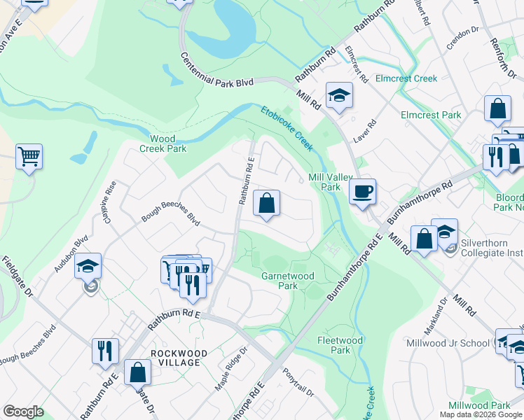 map of restaurants, bars, coffee shops, grocery stores, and more near 4170 Garrowhill Trail in Mississauga