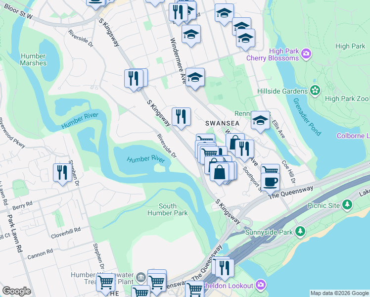 map of restaurants, bars, coffee shops, grocery stores, and more near 78 South Kingsway in Toronto