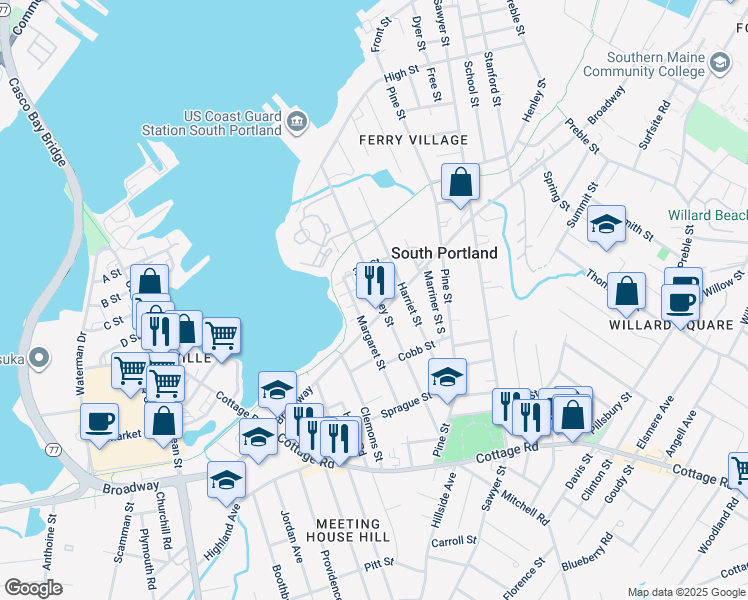 map of restaurants, bars, coffee shops, grocery stores, and more near 127 Mussey Street in South Portland