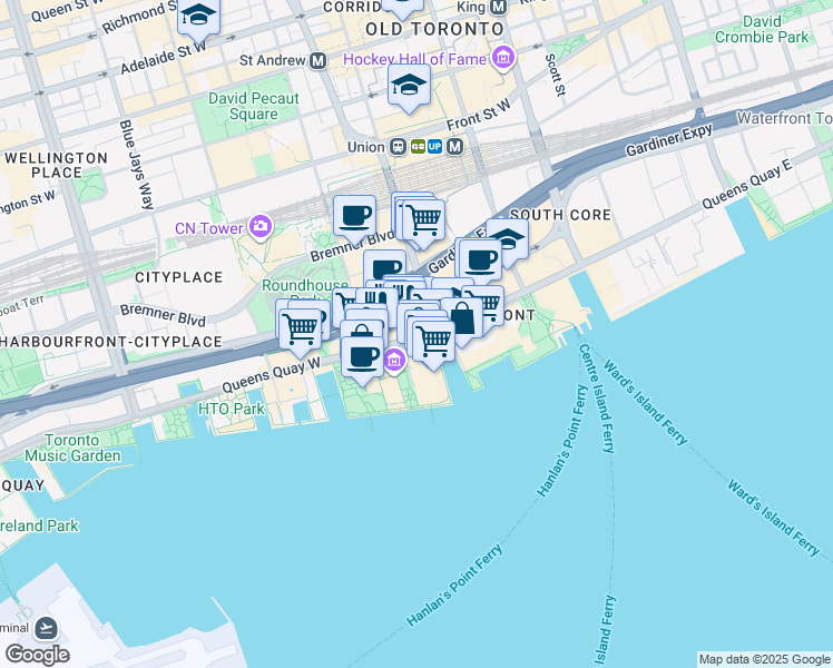 map of restaurants, bars, coffee shops, grocery stores, and more near 208 Queens Quay West in Toronto