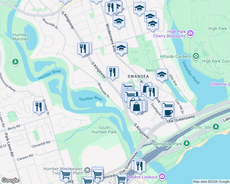 map of restaurants, bars, coffee shops, grocery stores, and more near 78 South Kingsway in Toronto