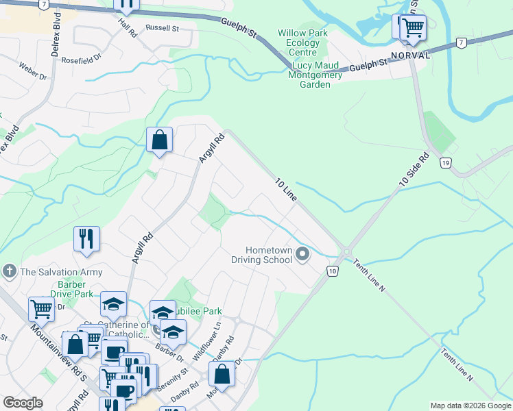 map of restaurants, bars, coffee shops, grocery stores, and more near 40 Rosewell Crescent in Halton Hills