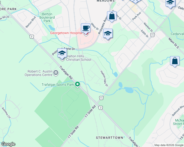 map of restaurants, bars, coffee shops, grocery stores, and more near 53 Humberstone Drive in Halton Hills