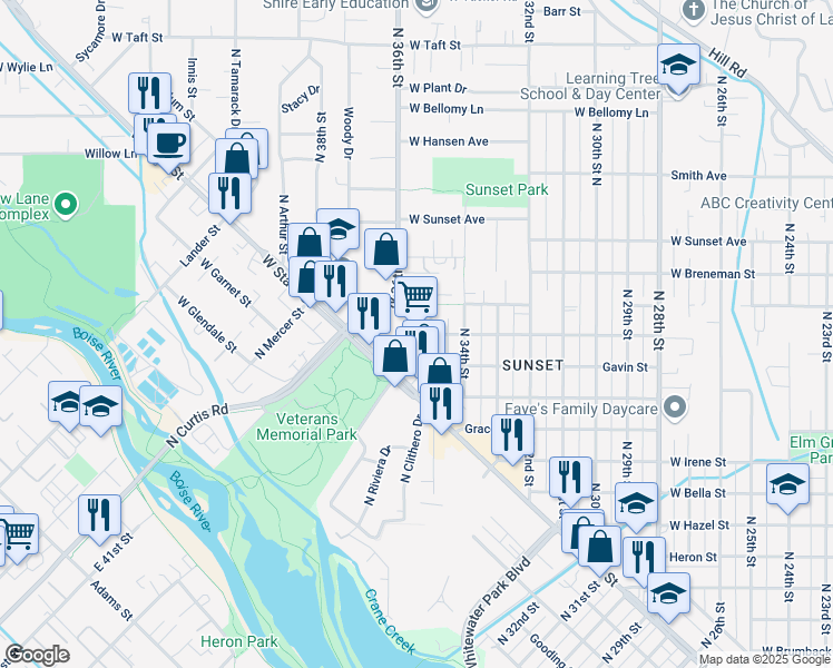 map of restaurants, bars, coffee shops, grocery stores, and more near 3614 West State Street in Boise