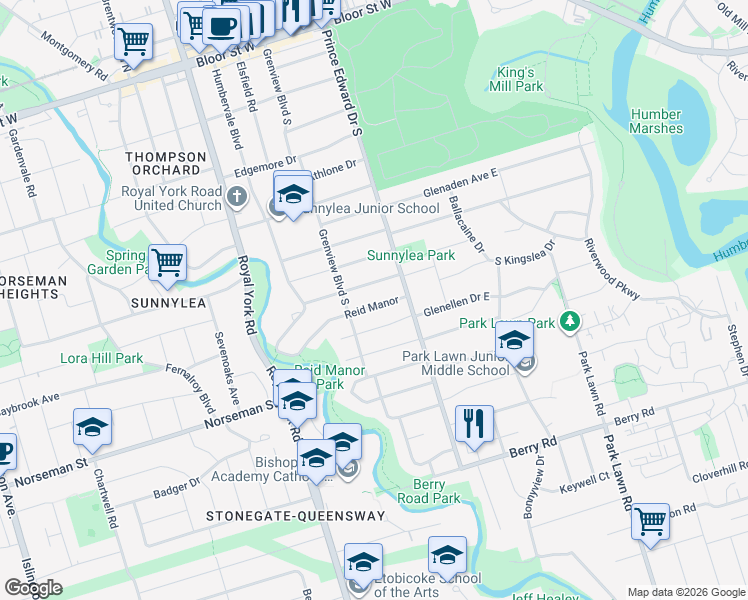 map of restaurants, bars, coffee shops, grocery stores, and more near 16 Reid Manor in Toronto