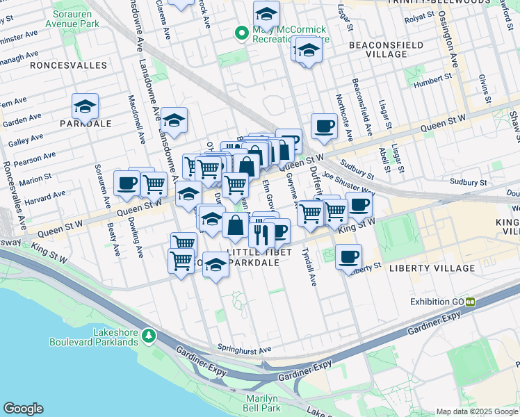 map of restaurants, bars, coffee shops, grocery stores, and more near 62 Melbourne Avenue in Toronto