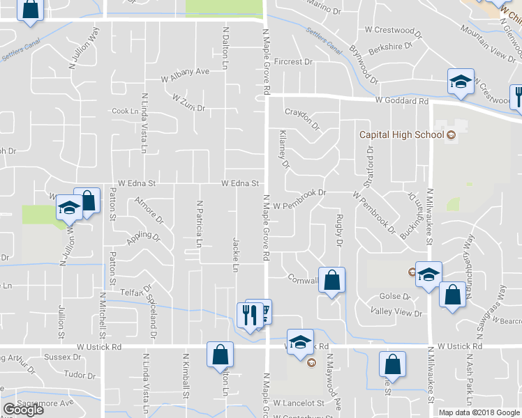 map of restaurants, bars, coffee shops, grocery stores, and more near 3725 North Maple Grove Road in Boise