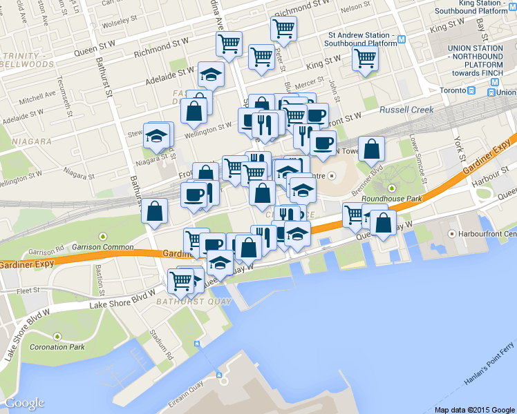 map of restaurants, bars, coffee shops, grocery stores, and more near 15 Fort York Boulevard in Toronto
