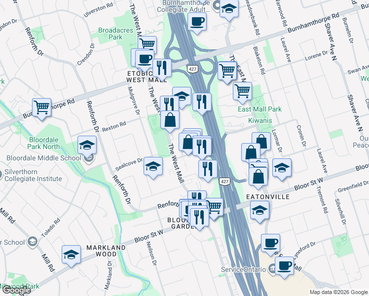 map of restaurants, bars, coffee shops, grocery stores, and more near 24 Eva Road in Toronto