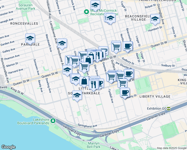 map of restaurants, bars, coffee shops, grocery stores, and more near 60 Melbourne Avenue in Toronto