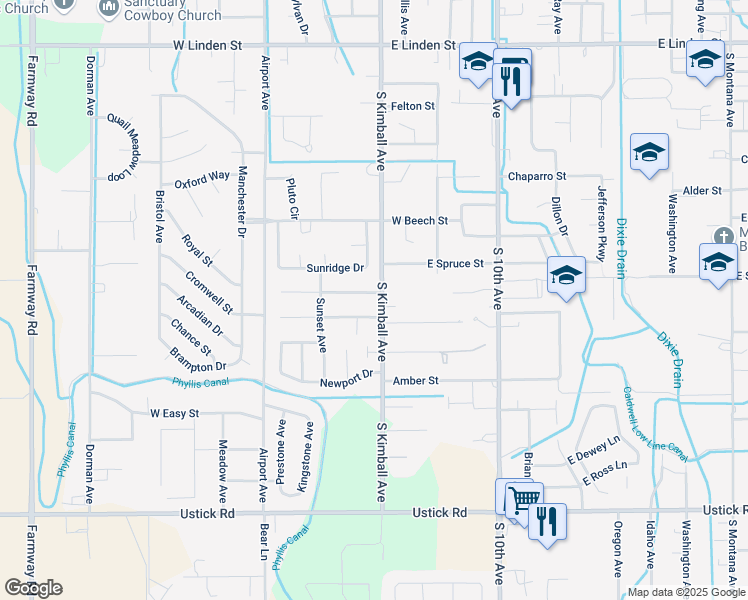map of restaurants, bars, coffee shops, grocery stores, and more near 107 Hilldrop Street in Caldwell